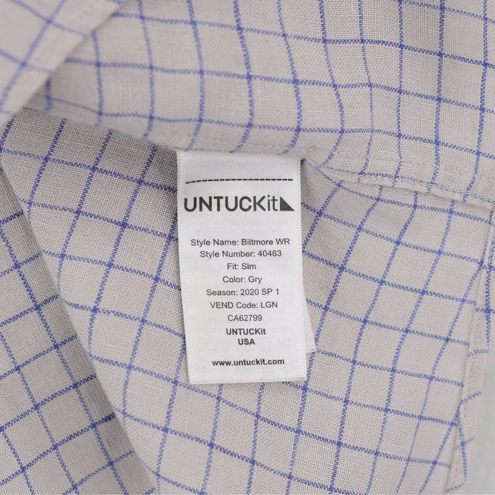 UNTUCKit Biltmore WR Linen Shirt Men Medium Grey Blue Grid Checks Slim Fit